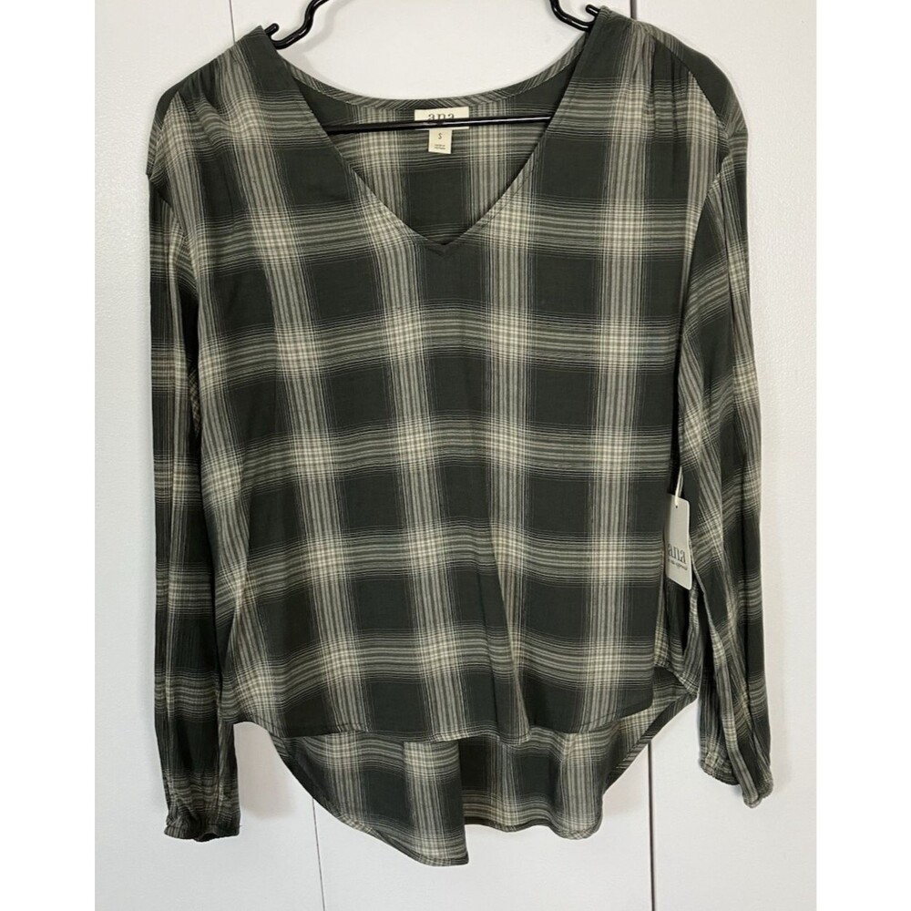 NWT ANA Plaid V-Neck Long Sleeve Green Blouse Small